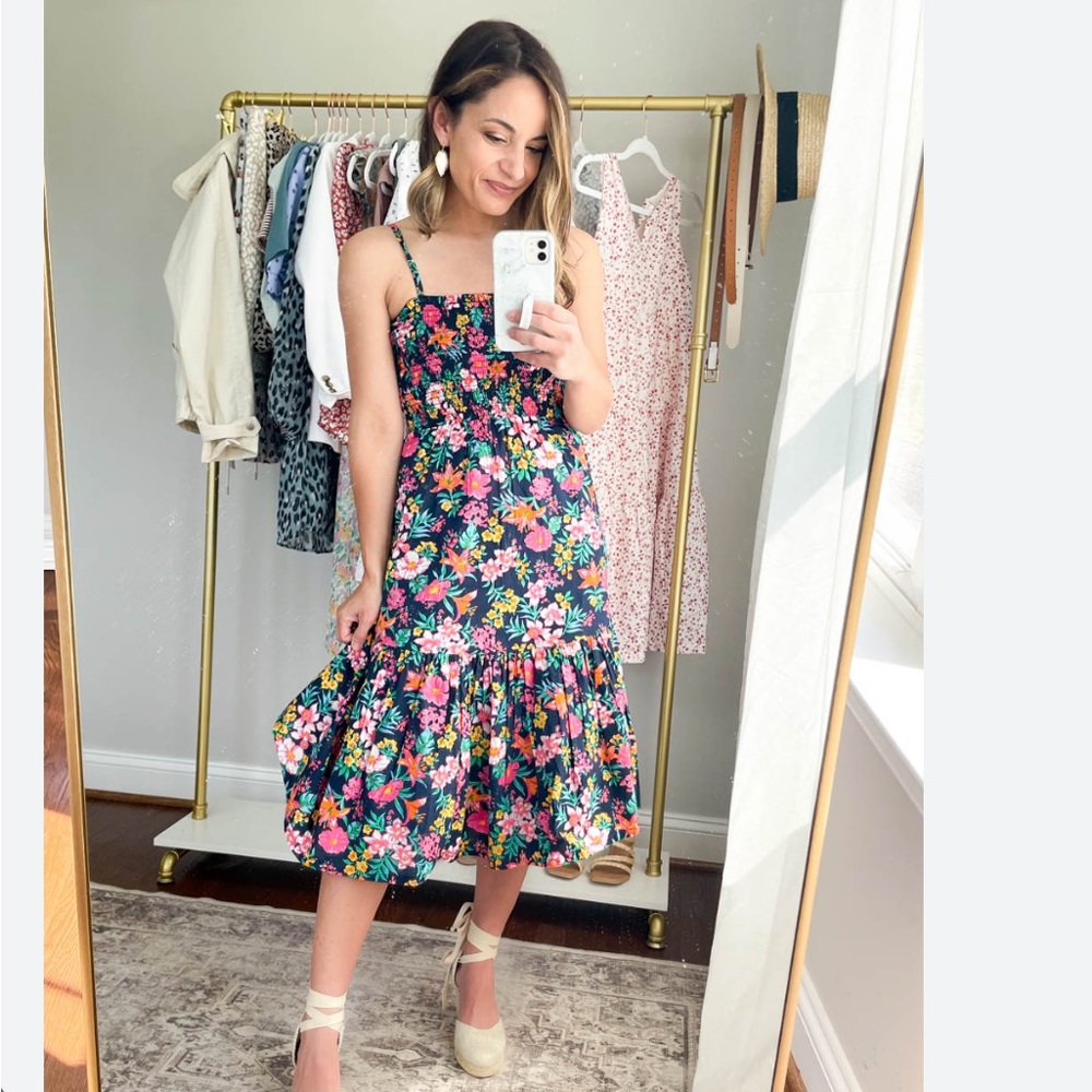 J. Crew Navy Floral Smocked Midi Sundress - Picture 2 of 7